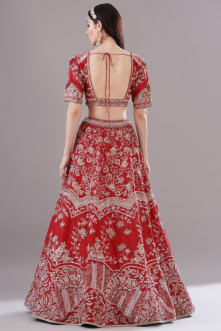 Crimson Red Silk Embroidered Bridal Lehenga Set by JIGAR & NIKITA at Pernia's Pop Up Shop