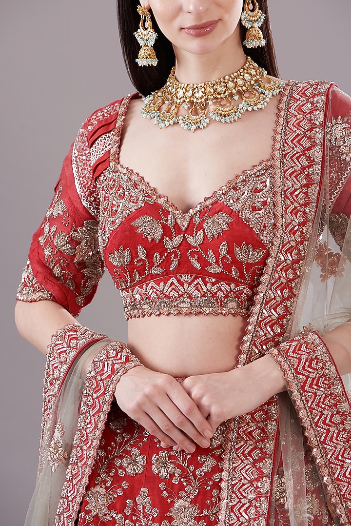 Crimson Red Silk Embroidered Bridal Lehenga Set by JIGAR & NIKITA at Pernia's Pop Up Shop