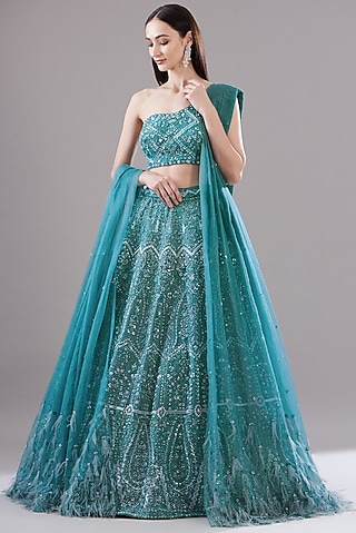 Blue Tulle Embroidered Lehenga Set by JIGAR & NIKITA