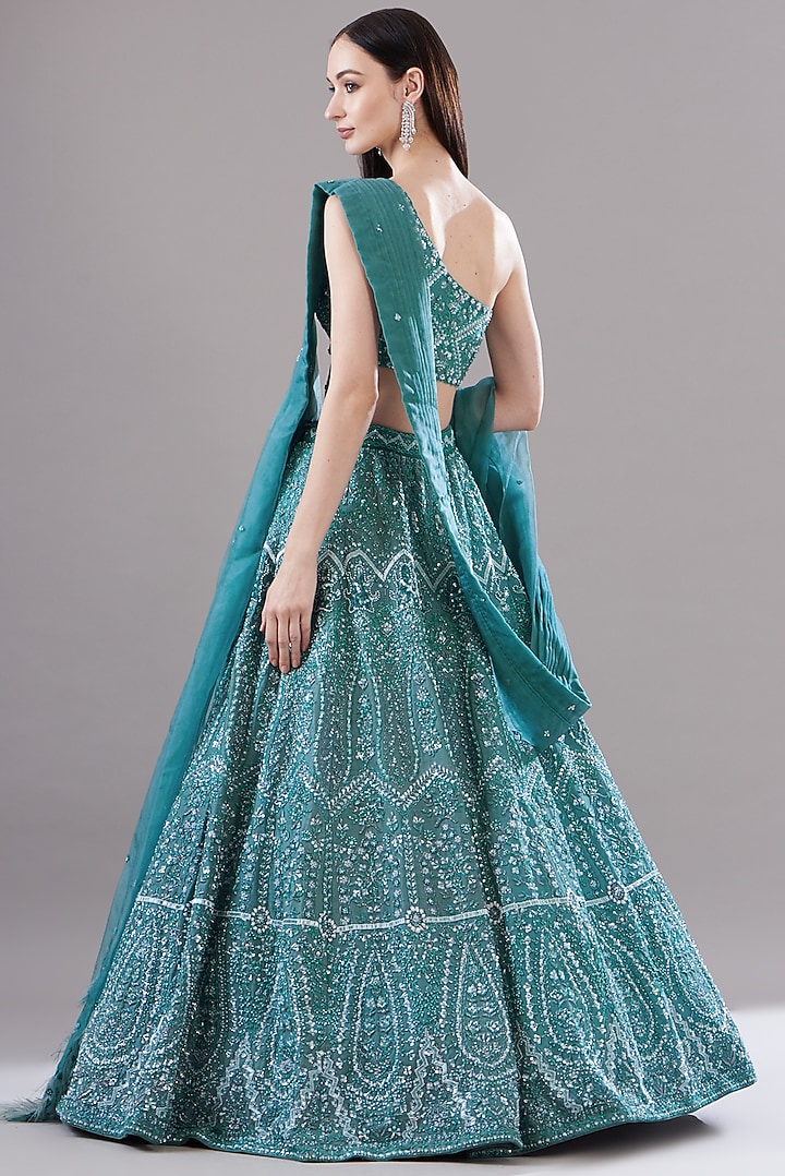 Blue Tulle Embroidered Bridal Lehenga Set by JIGAR & NIKITA at Pernia's Pop Up Shop
