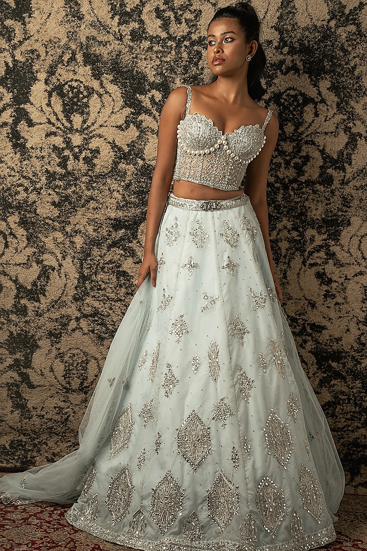 Stellar Blue Organza Embroidered Wedding Lehenga Set by JIGAR & NIKITA at Pernia's Pop Up Shop