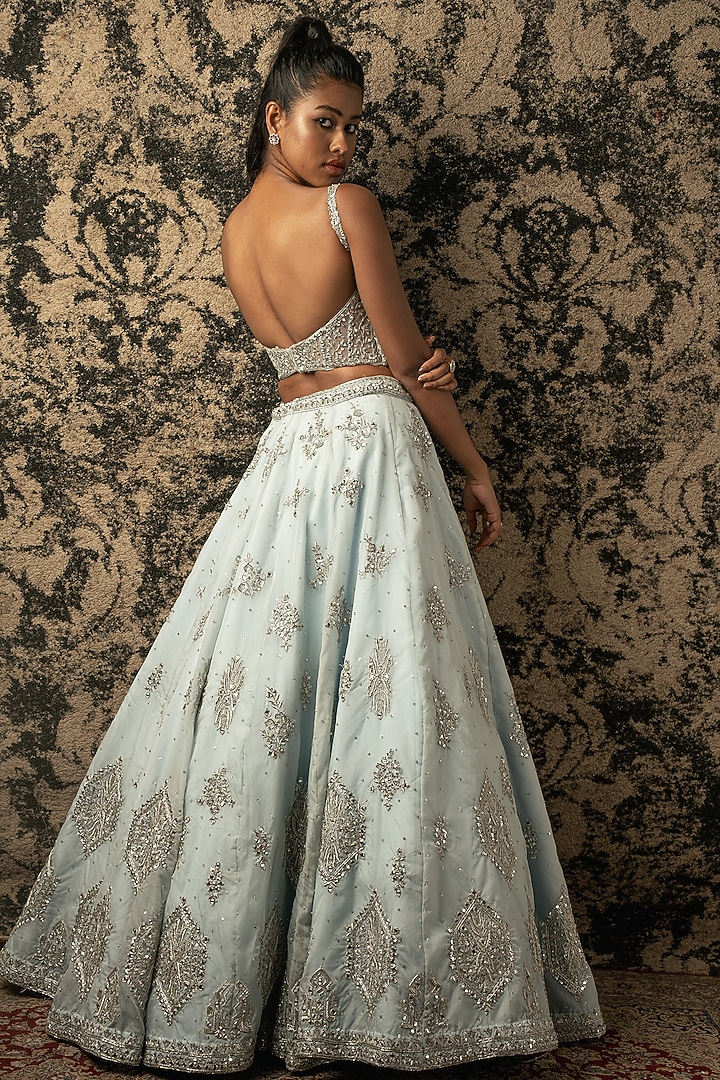 Stellar Blue Organza Embroidered Wedding Lehenga Set by JIGAR & NIKITA at Pernia's Pop Up Shop