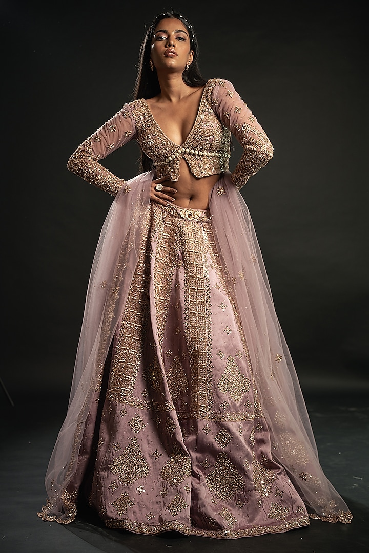 Blush Pink Linen Satin Wedding Lehenga Set by JIGAR & NIKITA at Pernia's Pop Up Shop