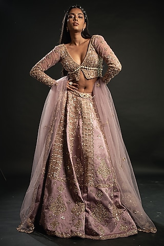Blush Pink Linen Satin Lehenga Set by JIGAR & NIKITA