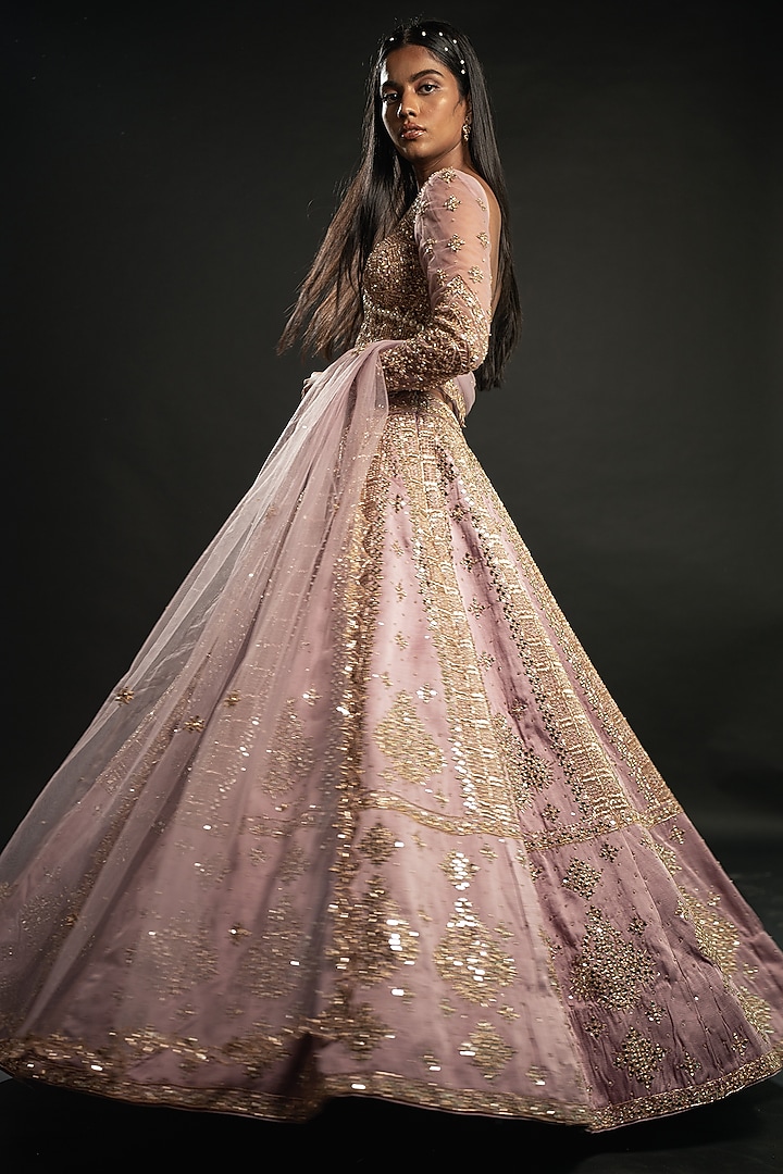 Blush Pink Linen Satin Wedding Lehenga Set by JIGAR & NIKITA at Pernia's Pop Up Shop
