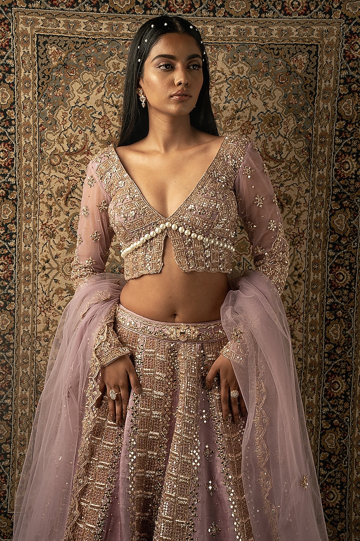 Blush Pink Linen Satin Wedding Lehenga Set by JIGAR & NIKITA at Pernia's Pop Up Shop