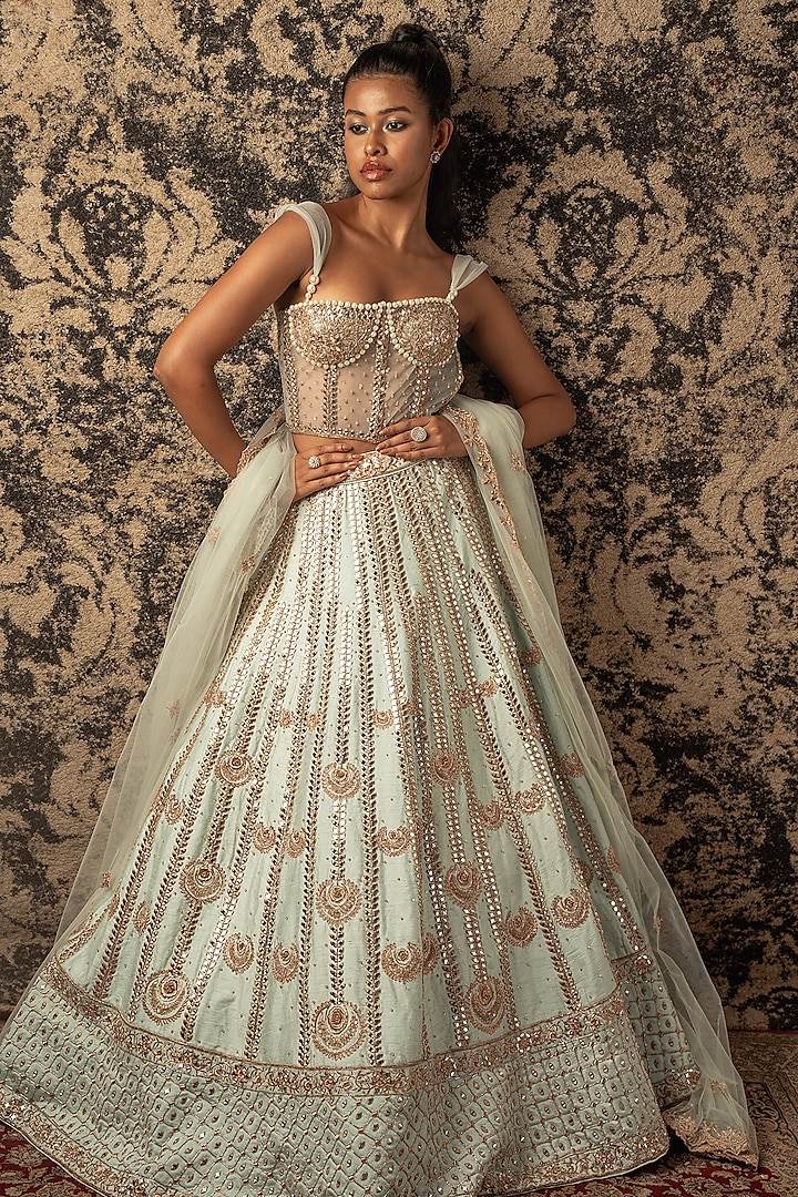 Mint Green Raw Silk Mirror Embroidered Wedding Lehenga Set by JIGAR & NIKITA at Pernia's Pop Up Shop