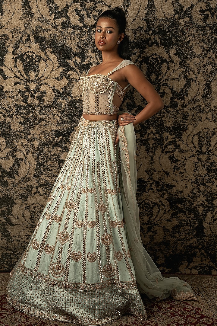 Mint Green Raw Silk Mirror Embroidered Wedding Lehenga Set by JIGAR & NIKITA at Pernia's Pop Up Shop