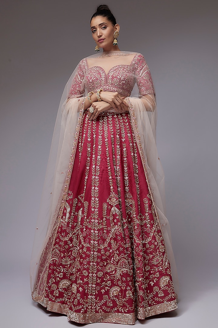 Plum Habutai Silk Hand Embroidered Lehenga Set by JIGAR & NIKITA