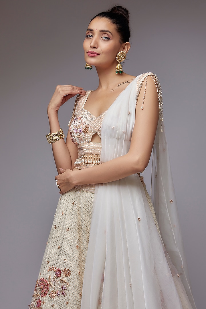 Ivory Lucknowi Hand Embroidered Wedding Lehenga Set by JIGAR & NIKITA at Pernia's Pop Up Shop