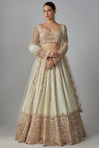 Ivory Habutai Silk Hand Embroidered Lehenga Set by JIGAR & NIKITA