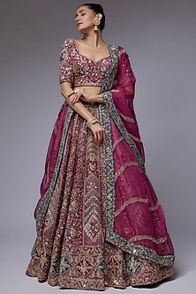 Wine Linen Satin Hand Embroidered Lehenga Set Design by BINDANI JIGAR