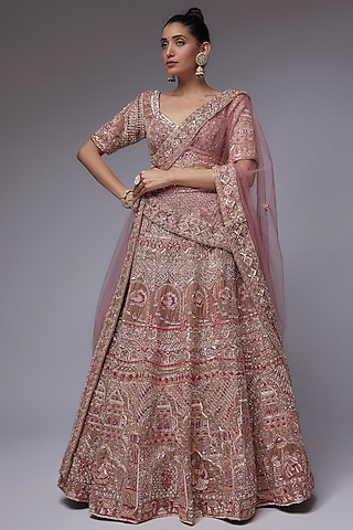 Mauve Velvet Hand Embroidered Lehenga Set by JIGAR & NIKITA