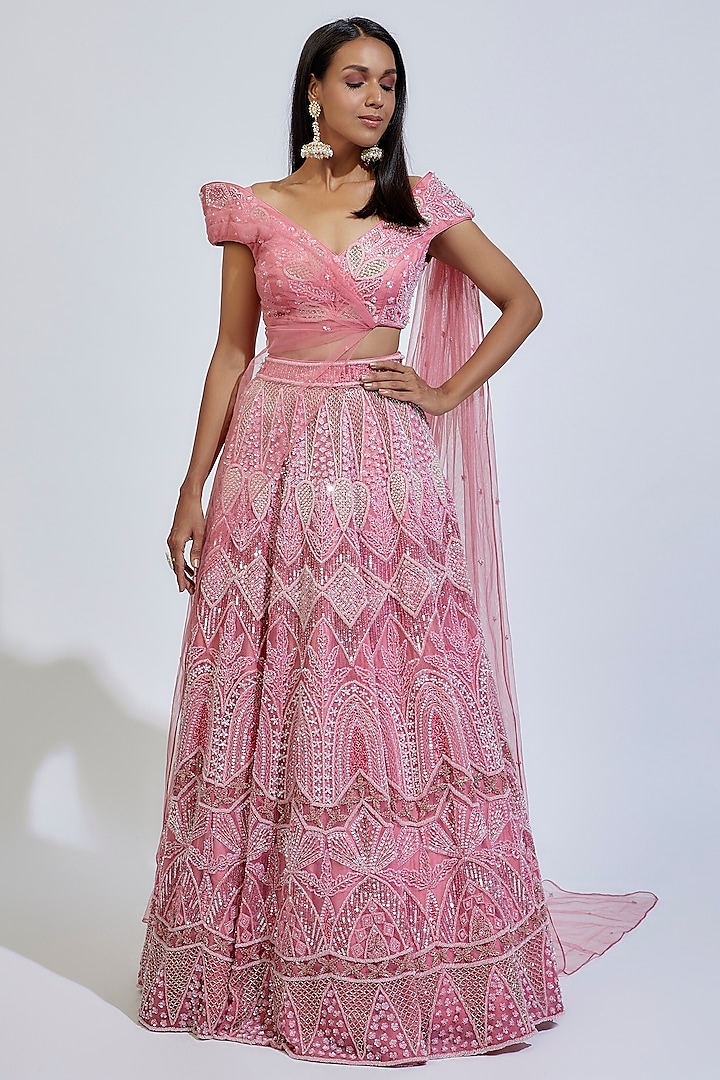 Pink Silk Hand Embellished Lehenga Set by BINDANI JIGAR NIKITA