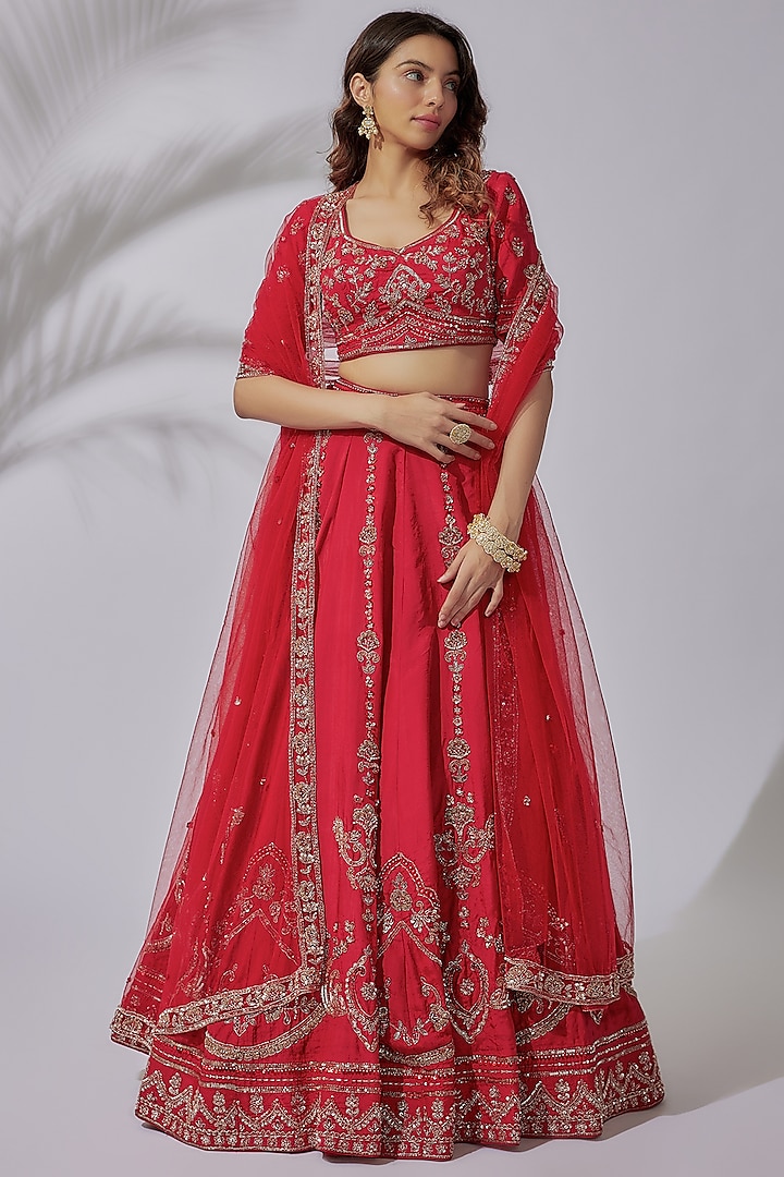 Red Silk Hand Embroidered Lehenga Set by JIGAR & NIKITA