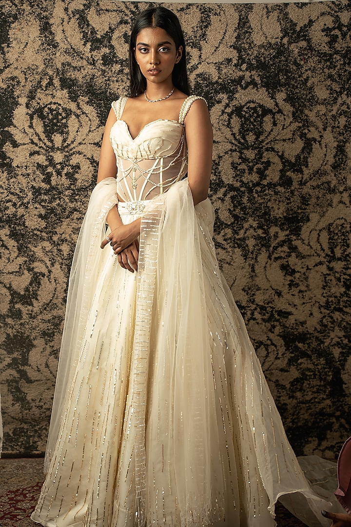 Ivory Silk Organza Wedding Lehenga Set by JIGAR & NIKITA at Pernia's Pop Up Shop