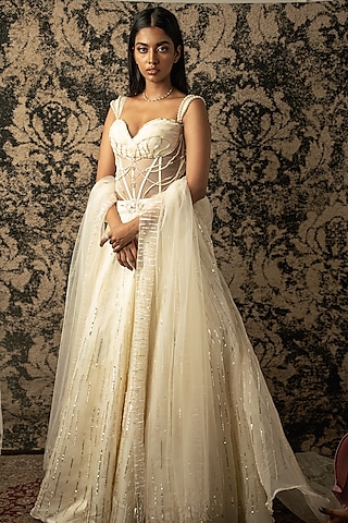 Ivory Silk Organza Lehenga Set by JIGAR & NIKITA
