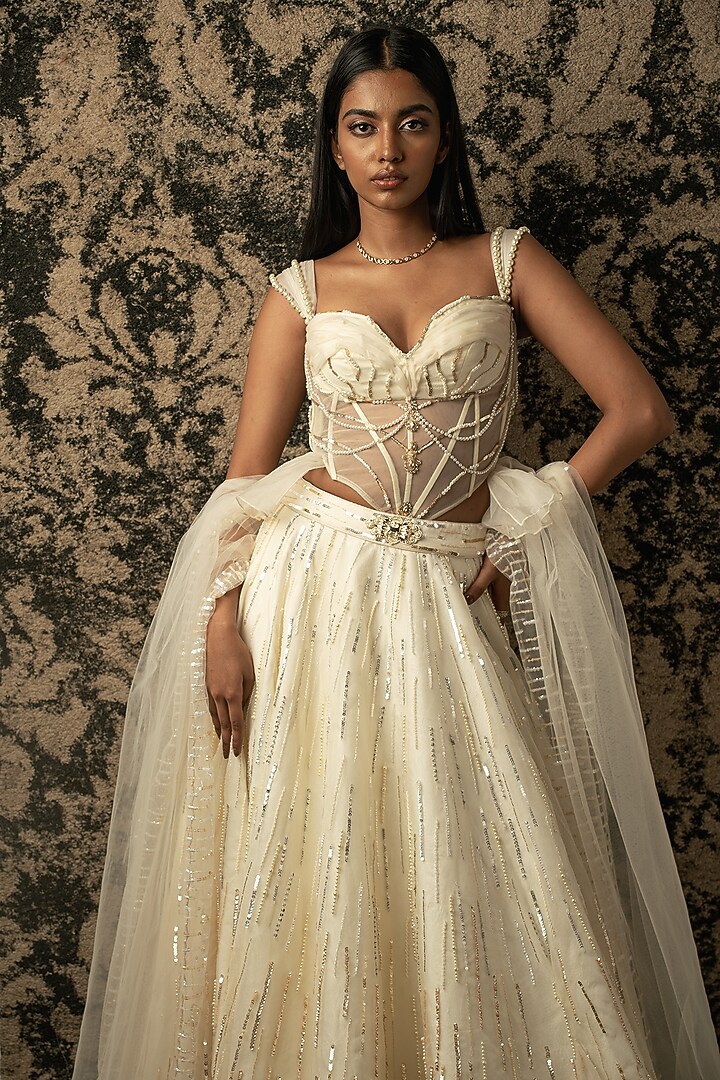 Ivory Silk Organza Wedding Lehenga Set by JIGAR & NIKITA at Pernia's Pop Up Shop