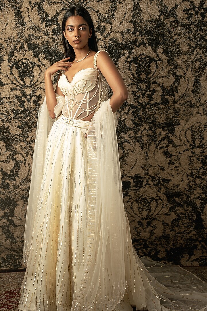 Ivory Silk Organza Wedding Lehenga Set by JIGAR & NIKITA at Pernia's Pop Up Shop