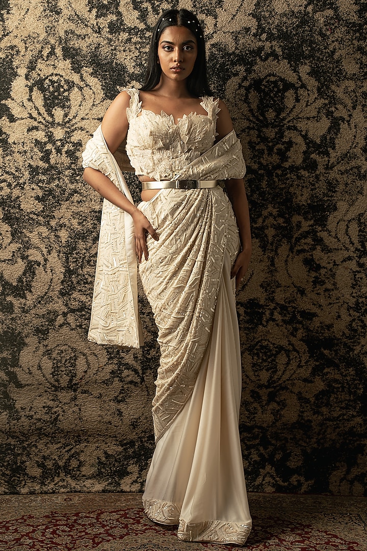 Ivory Silk Satin & Georgette Saree Set by JIGAR & NIKITA at Pernia's Pop Up Shop