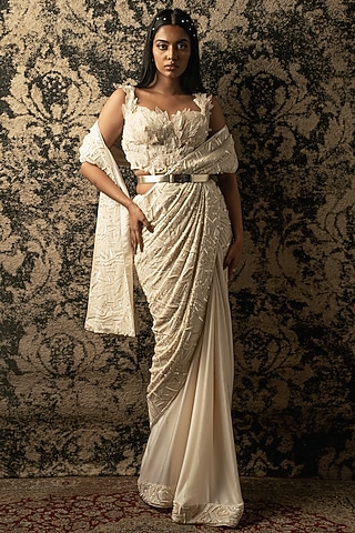 Ivory Silk Satin & Georgette Saree Set by JIGAR & NIKITA