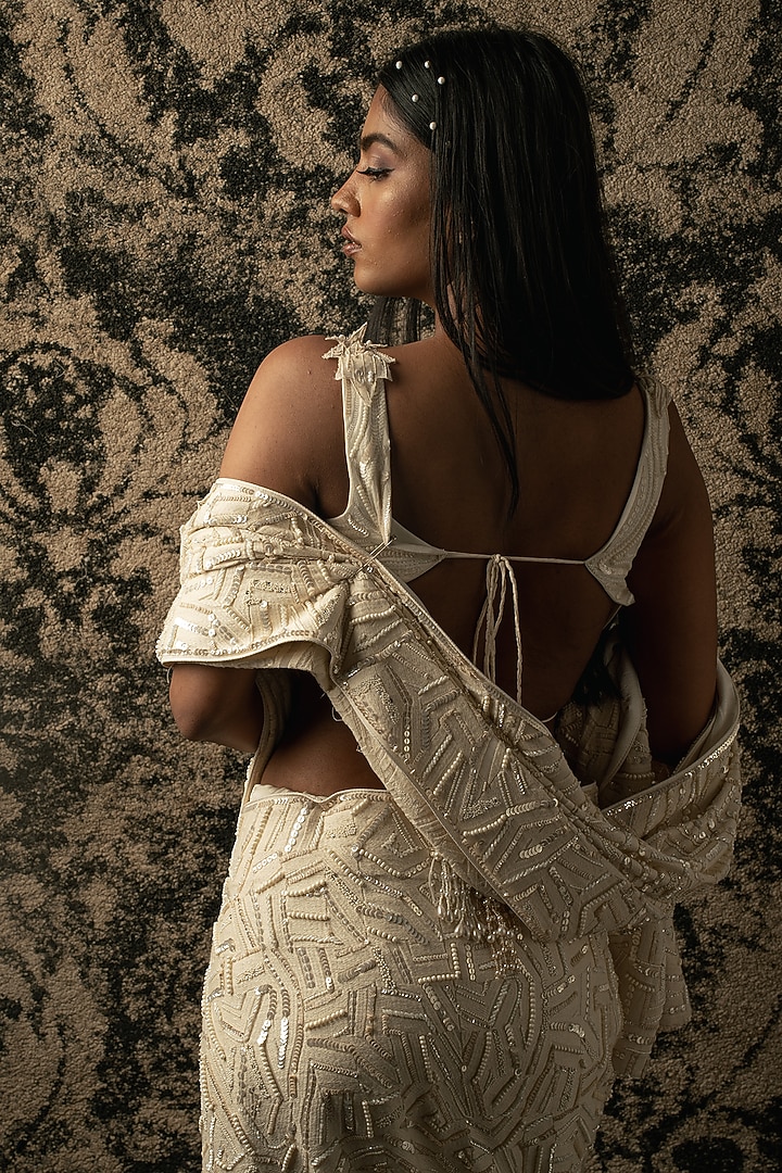 Ivory Silk Satin & Georgette Reception Saree Set by JIGAR & NIKITA at Pernia's Pop Up Shop