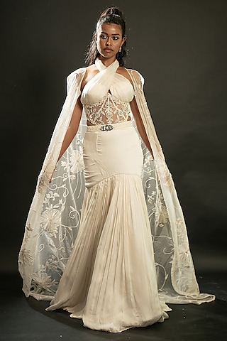 Ivory Satin Silk Fish-Cut Lehenga Set by JIGAR & NIKITA