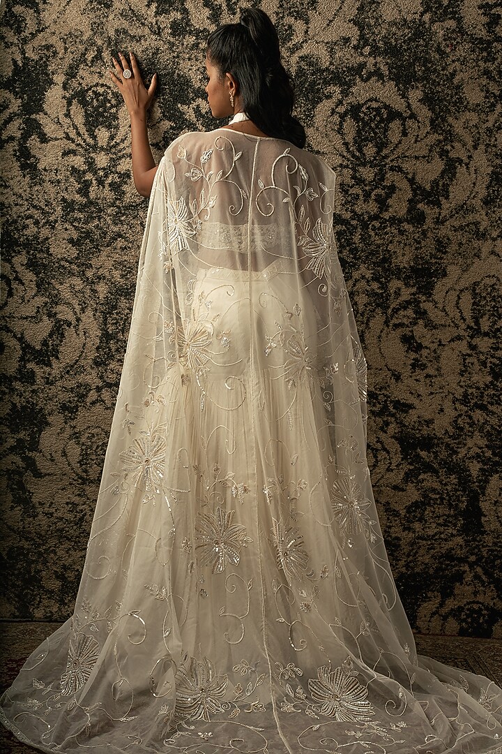 Ivory Satin Silk Fish-Cut Wedding Lehenga Set by JIGAR & NIKITA at Pernia's Pop Up Shop