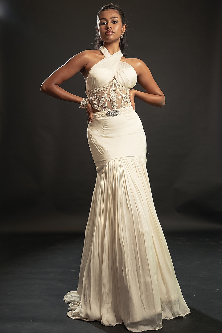 Ivory Satin Silk Fish-Cut Wedding Lehenga Set by JIGAR & NIKITA at Pernia's Pop Up Shop