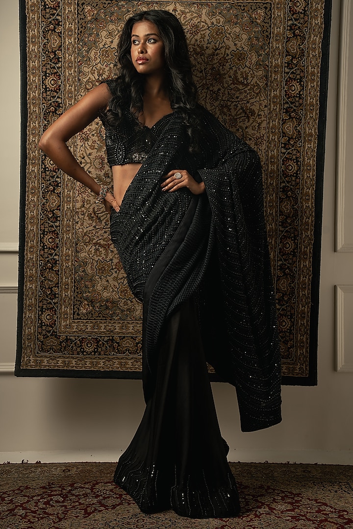 Black Silk Satin Thread & Cutdana Embroidered Saree Set by JIGAR & NIKITA at Pernia's Pop Up Shop