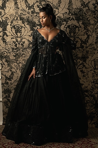 Black Organza Cutdana Embroidered Lehenga Set by JIGAR & NIKITA