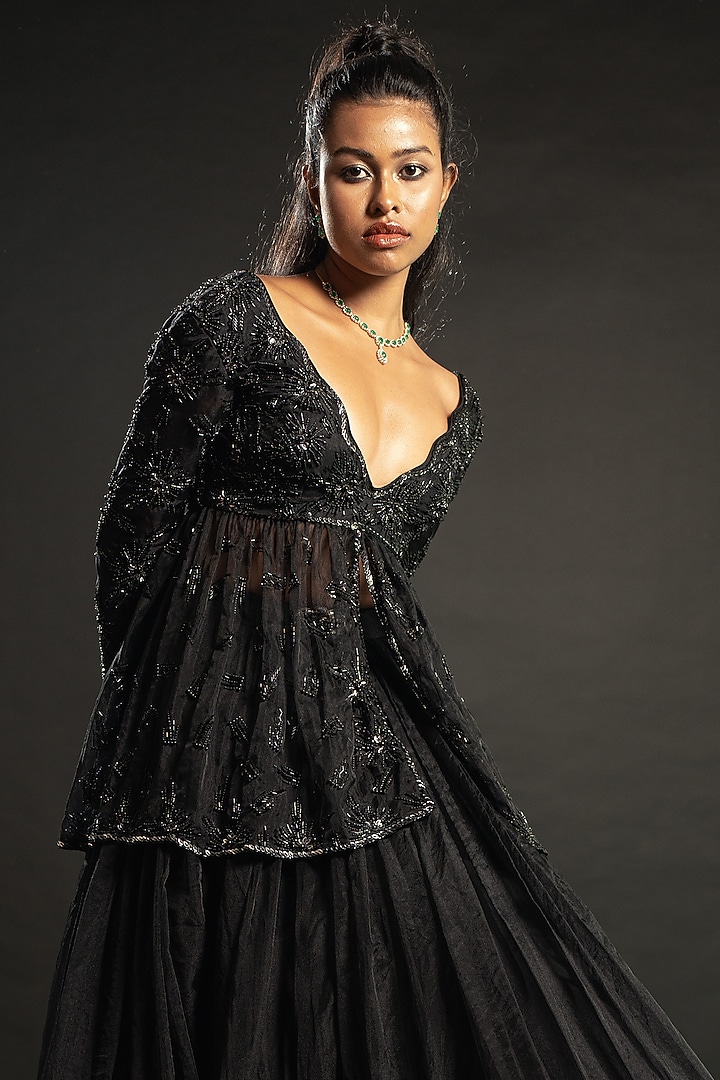 Black Organza Cutdana Embroidered Wedding Lehenga Set by JIGAR & NIKITA at Pernia's Pop Up Shop