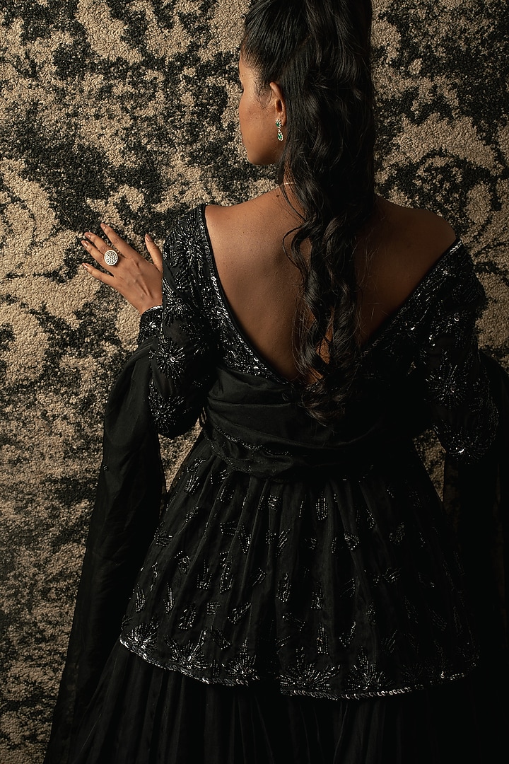 Black Organza Cutdana Embroidered Wedding Lehenga Set by JIGAR & NIKITA at Pernia's Pop Up Shop