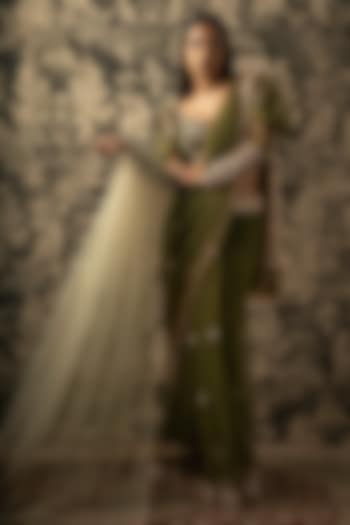 Olive Green Net Zardosi Embroidered Saree Set by JIGAR & NIKITA at Pernia's Pop Up Shop