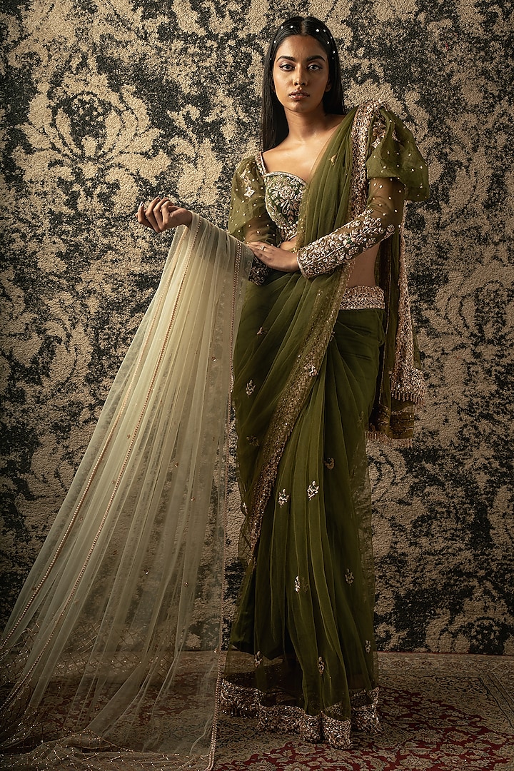 Olive Green Net Zardosi Embroidered Saree Set by JIGAR & NIKITA at Pernia's Pop Up Shop