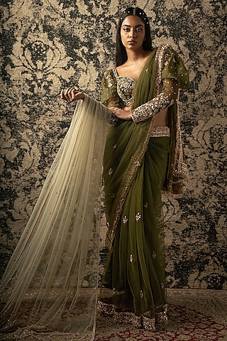 Olive Green Net Zardosi Embroidered Saree Set by JIGAR & NIKITA