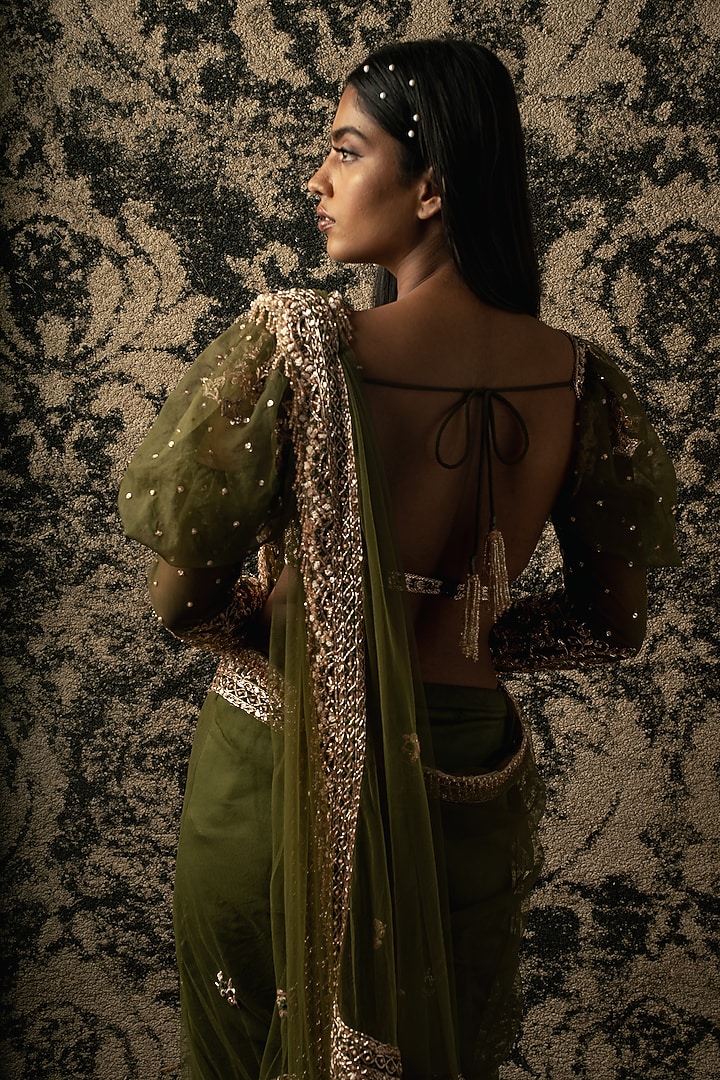 Olive Green Net Zardosi Embroidered Reception Saree Set by JIGAR & NIKITA at Pernia's Pop Up Shop