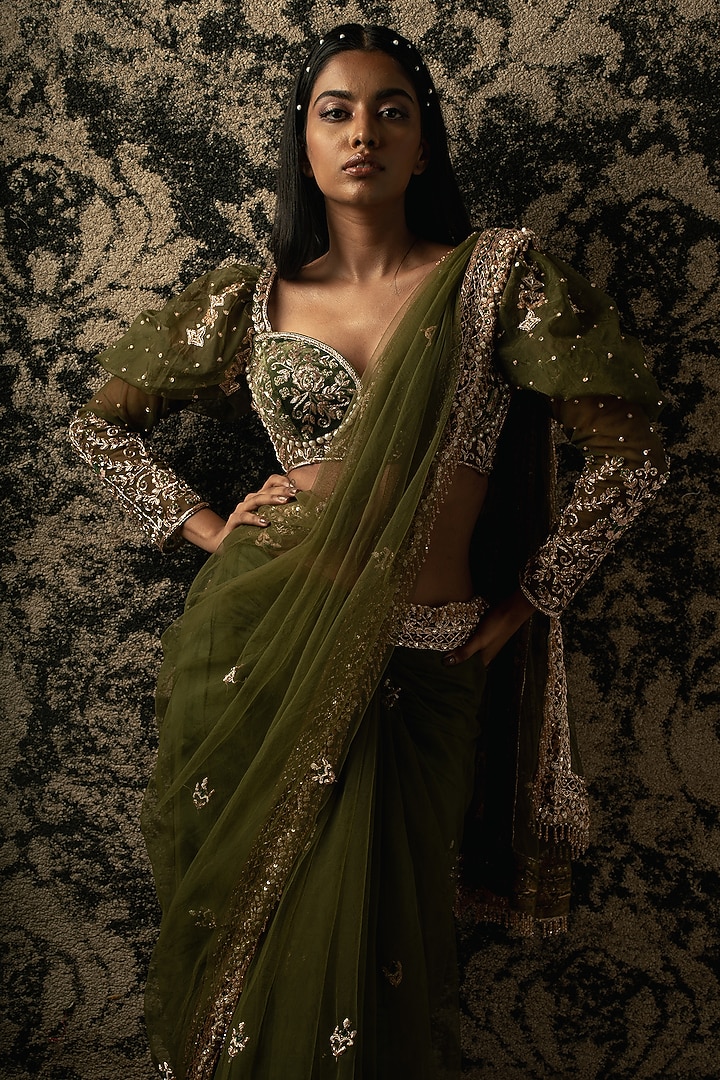 Olive Green Net Zardosi Embroidered Reception Saree Set by JIGAR & NIKITA at Pernia's Pop Up Shop