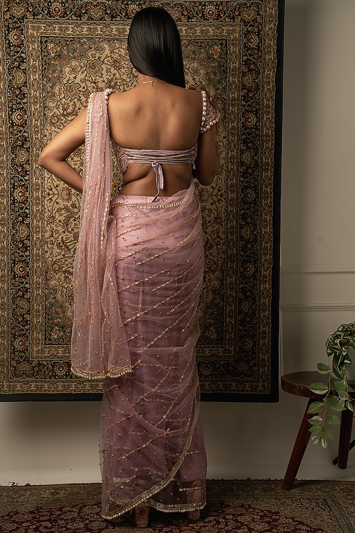 Lilac Net Hand Embroidered Reception Saree Set by JIGAR & NIKITA at Pernia's Pop Up Shop
