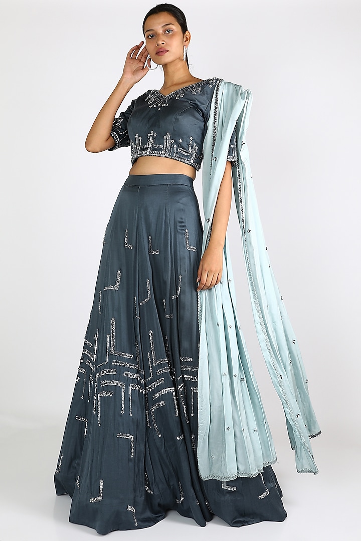 Cobalt Blue Embroidered Lehenga Set by BINDANI JIGAR NIKITA