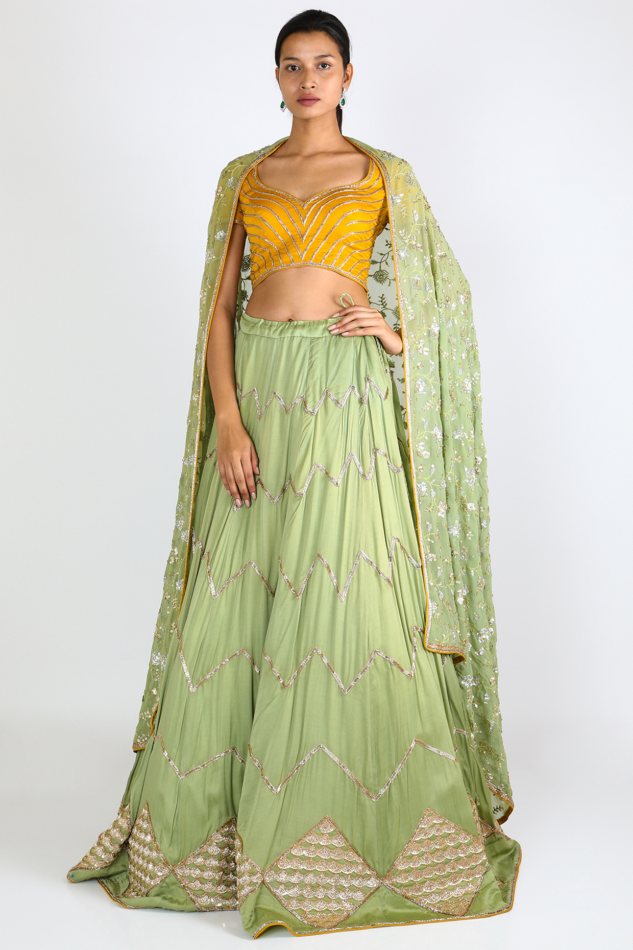 Mint Green Embroidered Lehenga Set by BINDANI JIGAR NIKITA