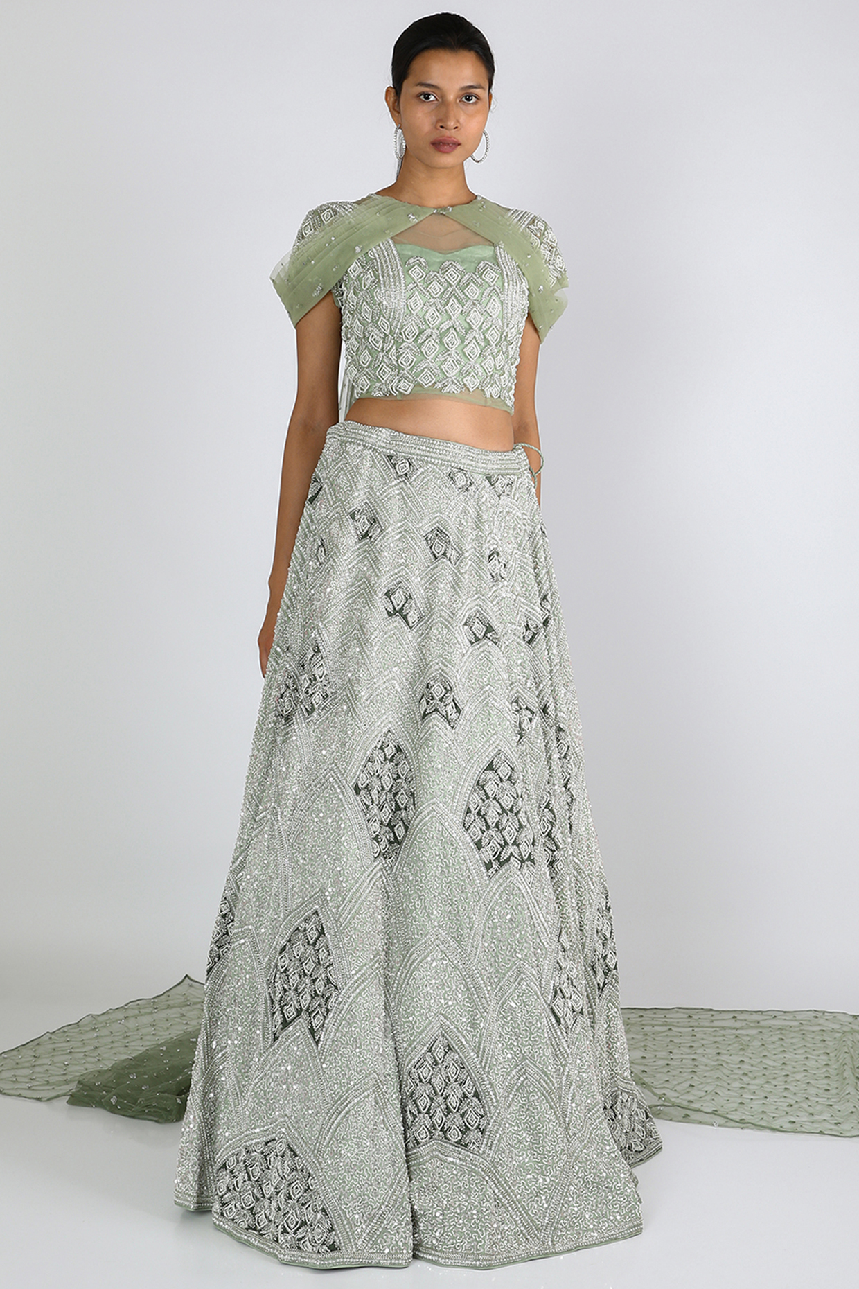 Mint Green Sequins Embroidered Lehenga Set by BINDANI JIGAR NIKITA