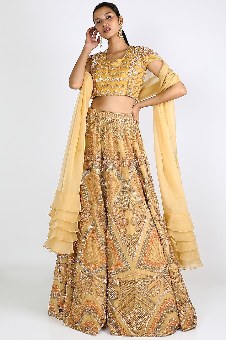 Yellow Embroidered Lehenga Set by JIGAR & NIKITA