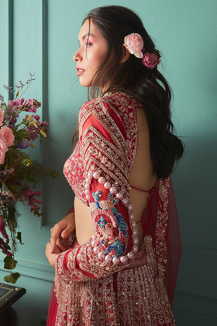 Red Raw Silk Zardosi Embroidered Bridal Lehenga Set by JIGAR & NIKITA at Pernia's Pop Up Shop