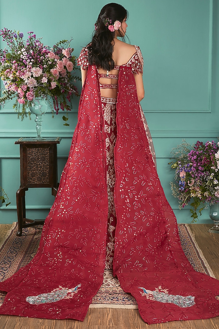 Red Linen Silk Zardosi Embroidered Bridal Lehenga Set by JIGAR & NIKITA at Pernia's Pop Up Shop
