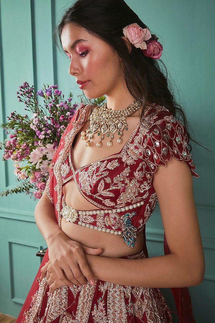 Red Linen Silk Zardosi Embroidered Bridal Lehenga Set by JIGAR & NIKITA at Pernia's Pop Up Shop