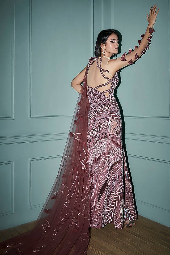 Dusty Coral Net Embellished Wedding Gown by JIGAR & NIKITA at Pernia's Pop Up Shop