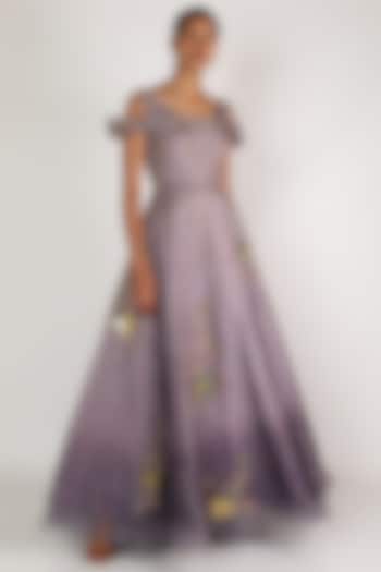 Purple Floral Embroidered Gown by BINDANI JIGAR NIKITA