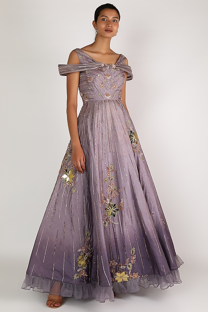 Purple Floral Embroidered Gown by BINDANI JIGAR NIKITA