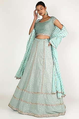 Sky Blue Embroidered Lehenga Set by JIGAR & NIKITA